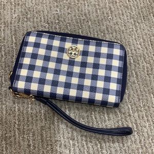 Tory Burch Gingham Wristlet Wallet, Blue with Gold Hardware